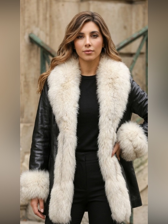 Dittrich Furs Jackets & Blazers - Vintage 60s Leather Penny Lane Fox Fur Collar Front Cuffs Trim Swing Coat Jacket